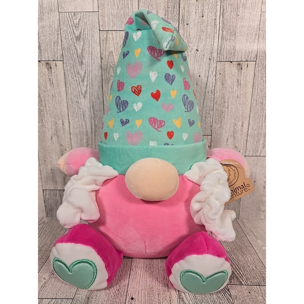 Animal Adventure Gnome Plush Hearts Valentines Day 14" Pink Green NEW
